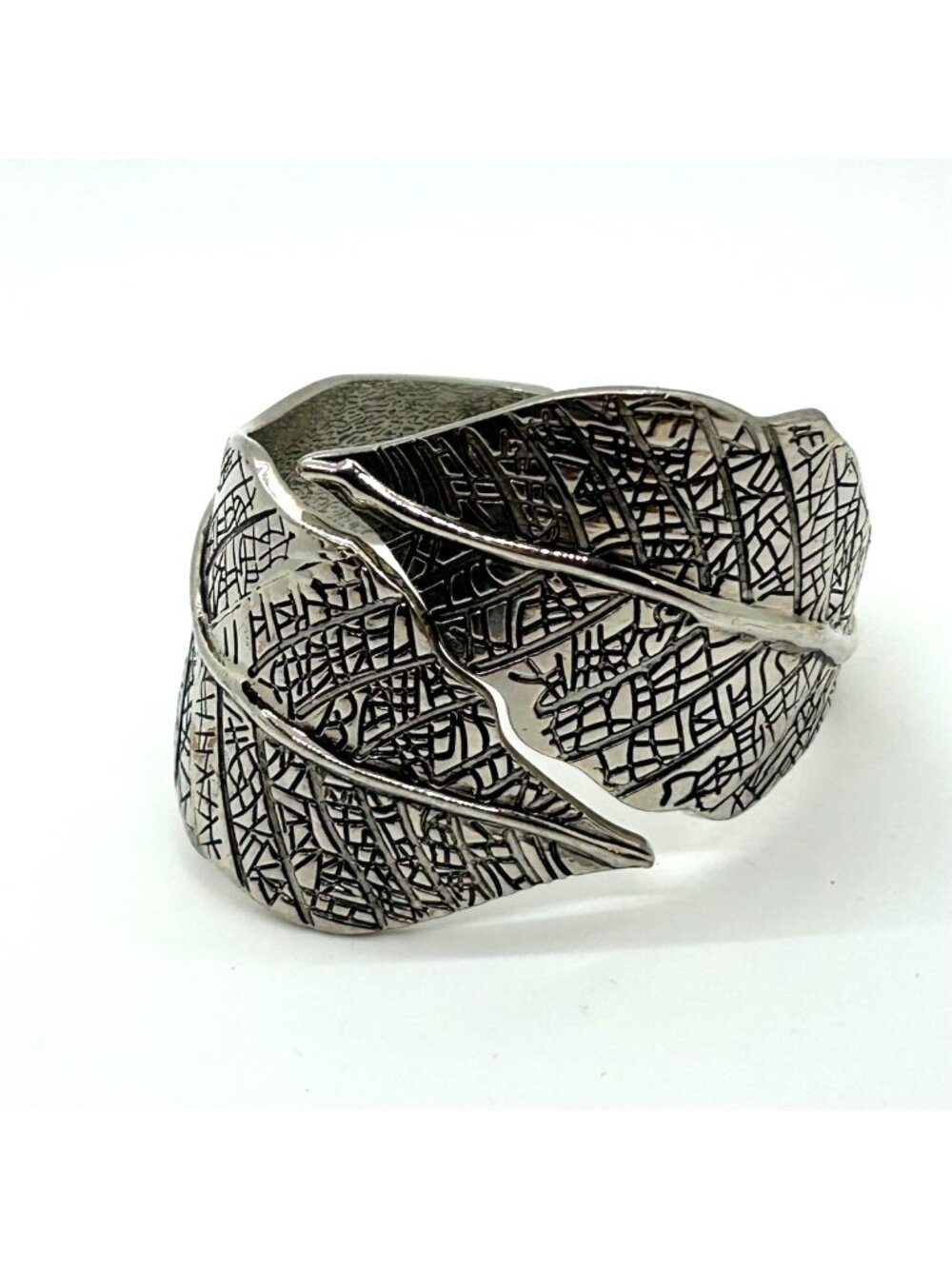 Vintage Silver-tone Bracelet Double Leaf Hinged Bangle Botanical Cuff Chunky